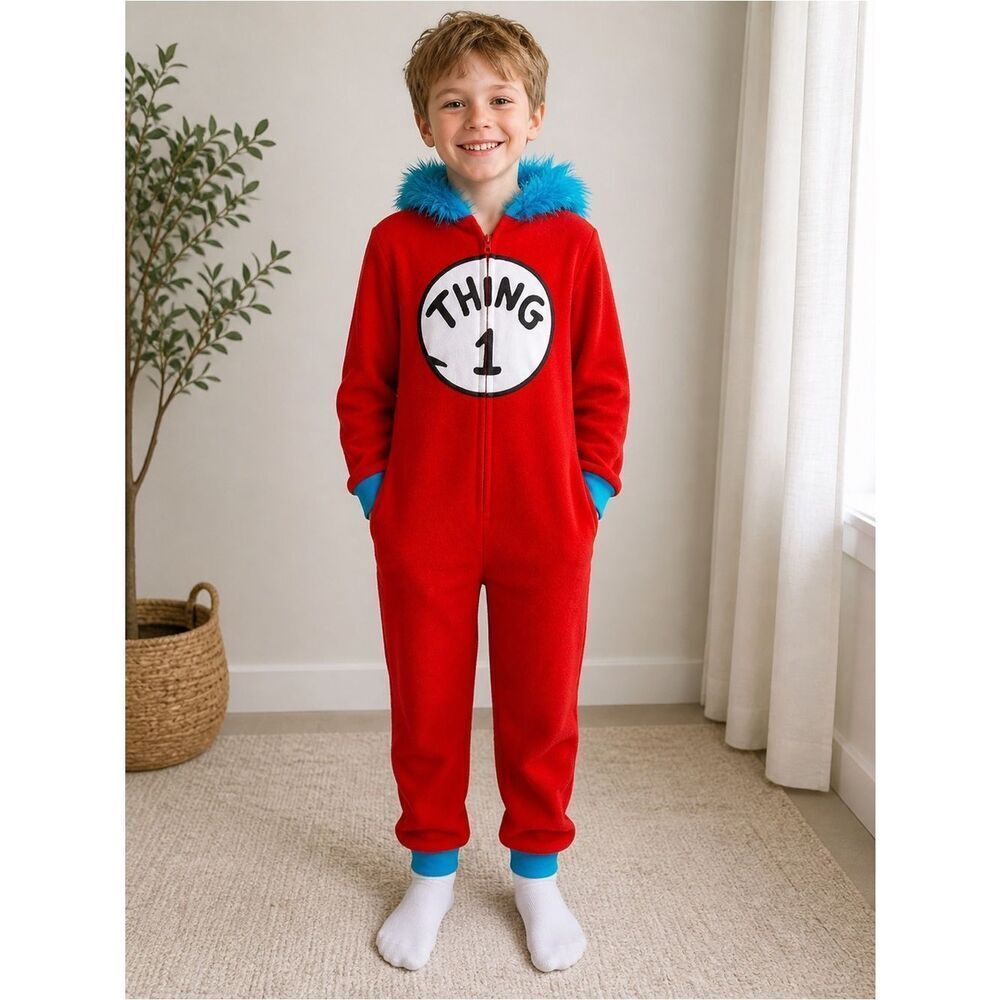 Dr. Seuss Thing 1 Kids Hooded Costume One Piece Plush Fleece Pajamas Red Blue